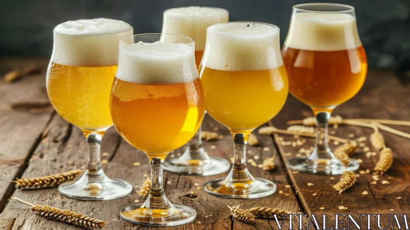 Four Glasses of Beer on a Wooden Table: A Captivating Composition AI Image