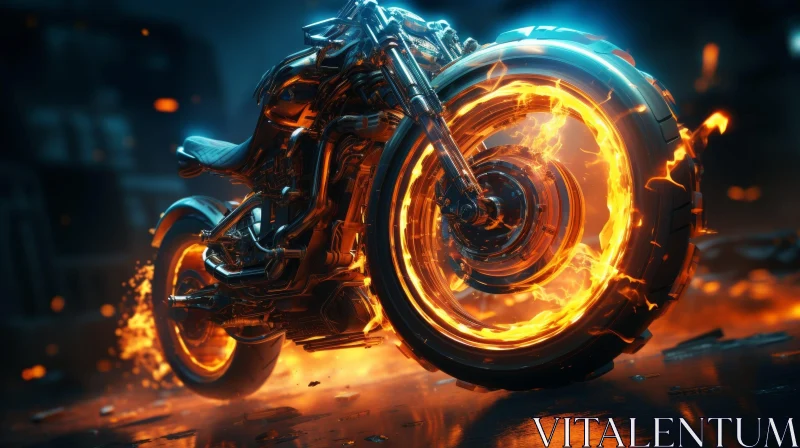 Futuristic Black Motorcycle with Fire Wheels AI Image