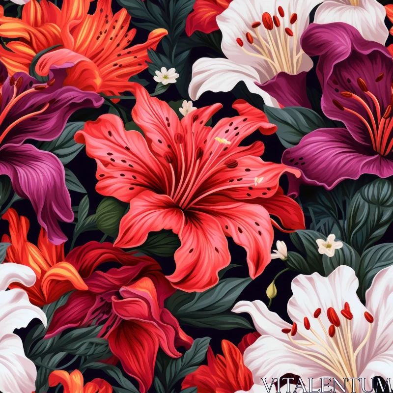 Lily Floral Seamless Pattern on Dark Green Background AI Image