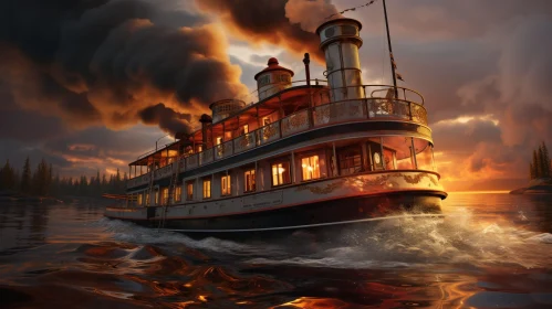 Luxurious Steamboat Sailing on River at Sunset