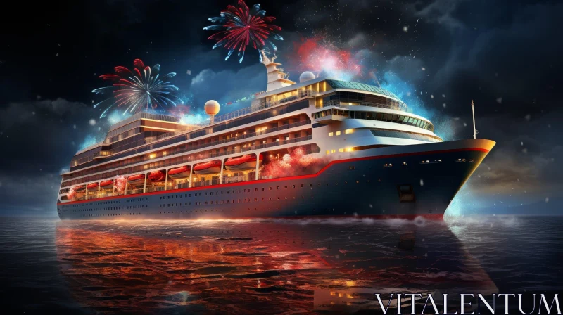 Majestic Cruise Ship at Sea with Fireworks Display AI Image