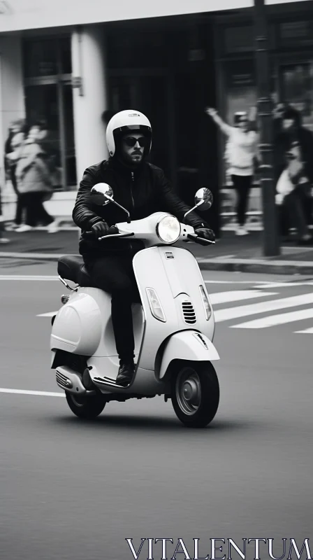 Monochrome Urban Scene: Man Riding White Vespa Scooter AI Image