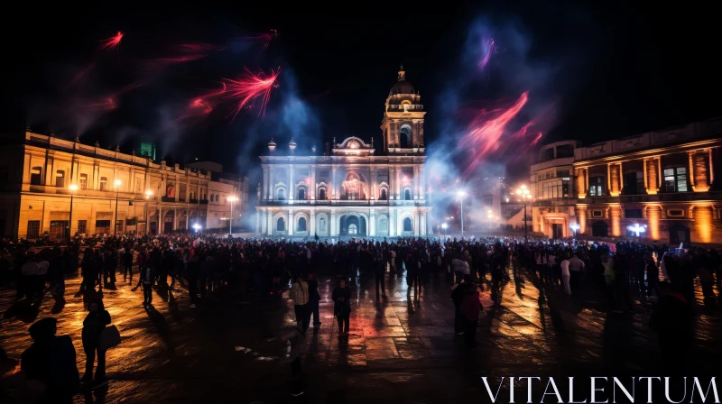 Nightly Fireworks Display in City Square with Baroque Architecture AI Image