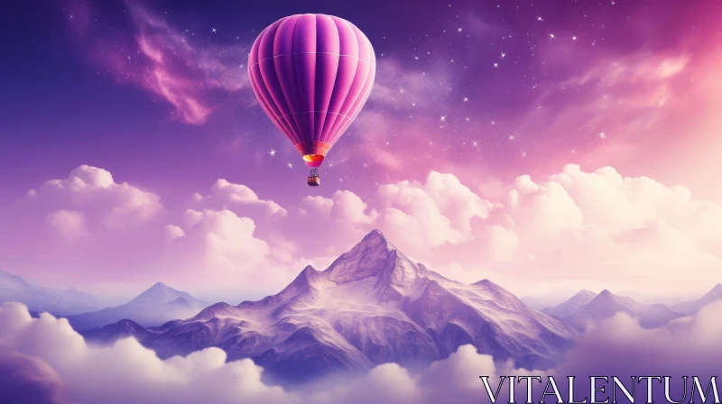 Pink and Purple Hot Air Balloon Over Snowy Mountains at Sunset AI Image