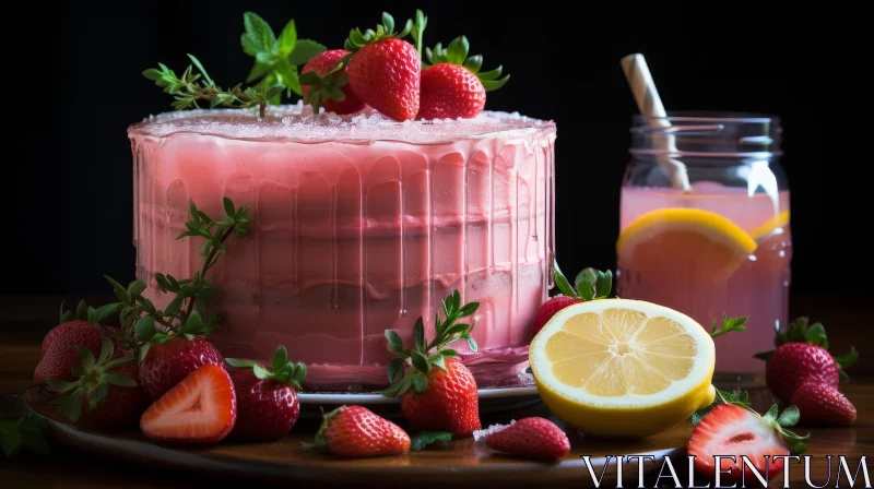 AI ART Scrumptious Strawberry Cake with Lemonade on Wooden Table