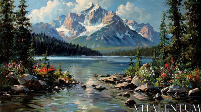 Serene Mountain Landscape Painting AI Image