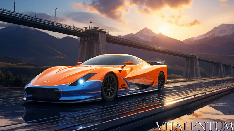 Sleek Futuristic Sports Car Racing on Wet Road at Sunset AI Image