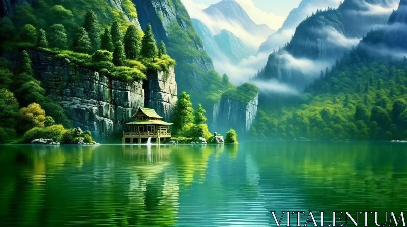 Tranquil Lake Landscape in Verdant Mountains AI Image