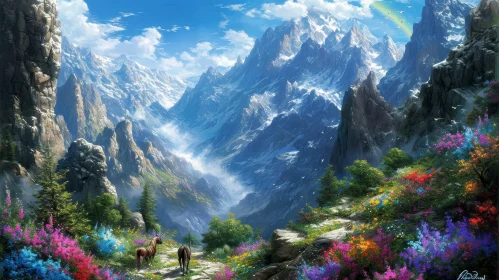 Tranquil Mountain Valley Landscape with Horses and Rainbow