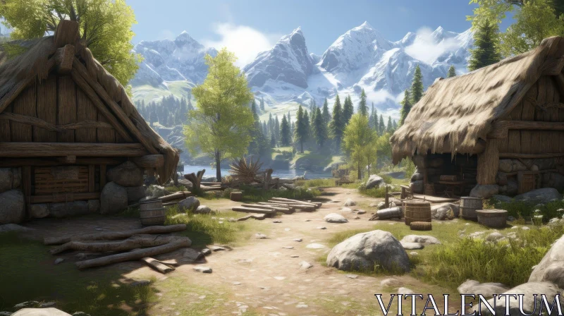 Tranquil Mountain Valley Village Landscape AI Image