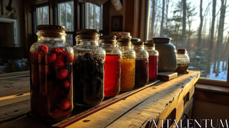 Vibrant Still Life: Glass Jars Filled with Colorful Liquids on Wooden Table AI Image