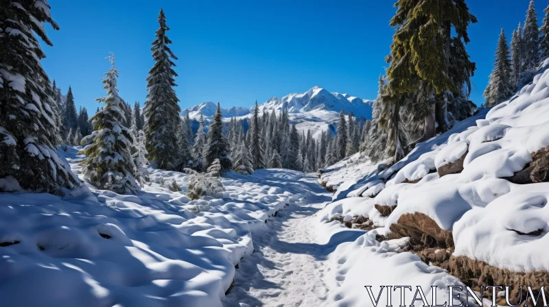 Winter Landscape: Serene Snowy Scene with Bright Sunshine AI Image