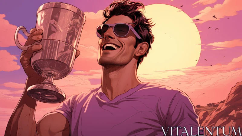 AI ART Young Man Celebrating Victory with Trophy at Sunset
