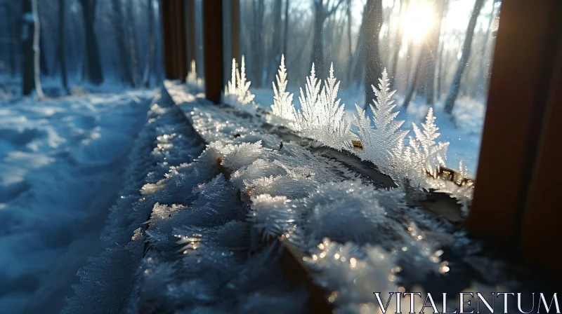 Beautiful Frost and Snow-Covered Window: A Warm and Inviting Scene AI Image