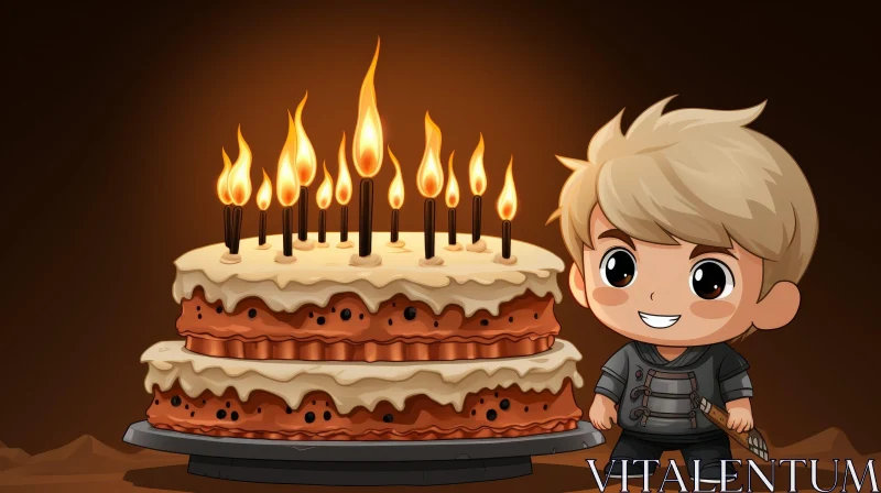 Birthday Cake Cartoon Illustration with Boy AI Image