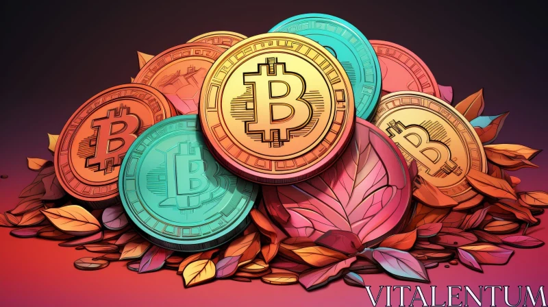 Bitcoin Cryptocurrency Coins Illustration on Autumn Leaves AI Image