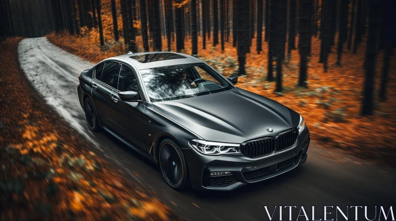 Black BMW 5 Series Car Driving Through Autumn Forest AI Image