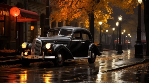 Classic Black Retro Car on Wet Autumn Street