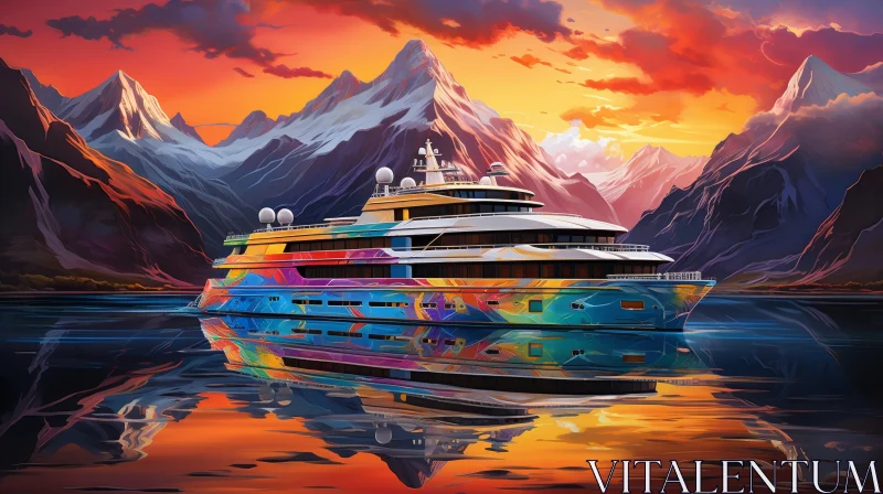Colorful Yacht on Calm Sea with Snow-Capped Mountains AI Image
