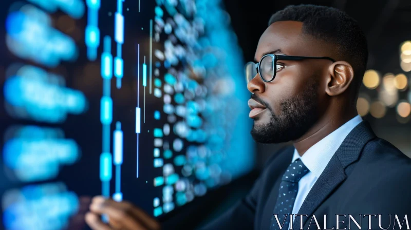 Contemplative African-American Businessman Engrossed in Digital Data Display AI Image