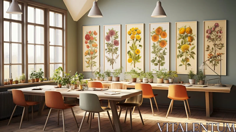 AI ART Cozy Interior with Wooden Table and Floral Decor