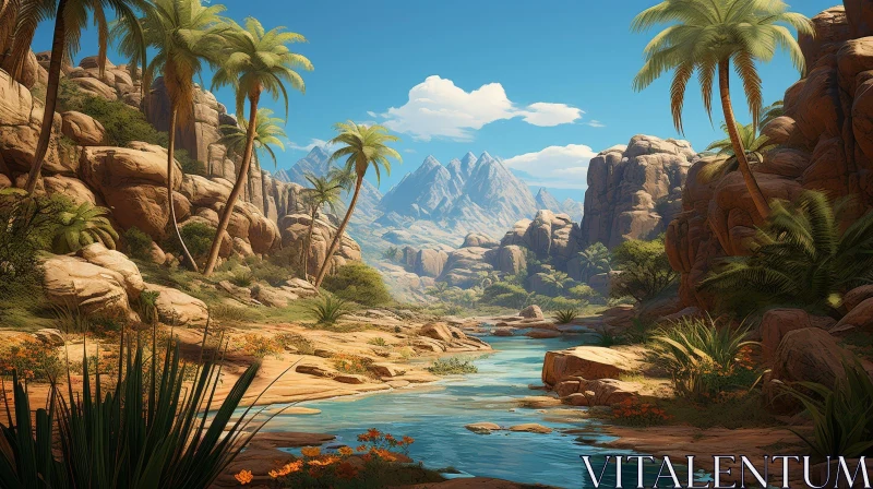 Desert Oasis Landscape Painting - Tranquil Nature Scene AI Image