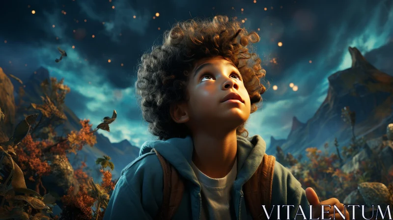Enchanting Night Sky Portrait of a Young Boy in a Dark Forest AI Image