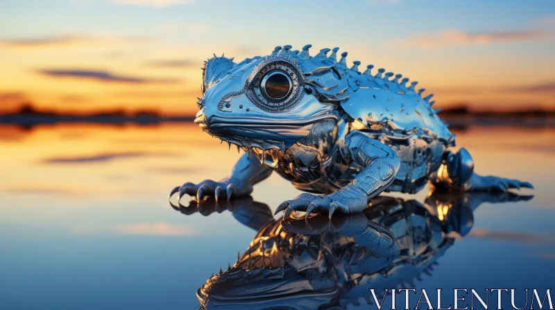 Futuristic Chrome Lizard on Water - Metallic Realism Art AI Image
