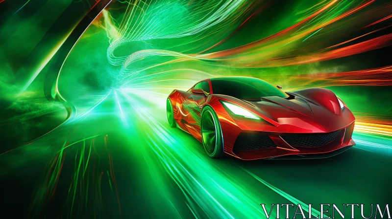 Futuristic Red Sports Car in Speedy Tunnel AI Image
