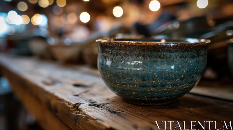 Handmade Ceramic Bowl with Blue Glaze on Wooden Table AI Image