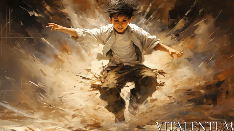 Joyful Boy Jumping - Realistic Painting AI Image