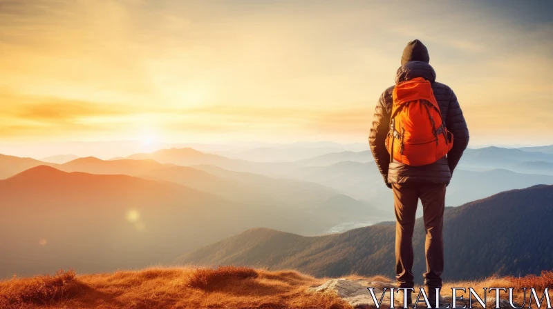 Man on Mountaintop at Sunset - Nature's Serenity AI Image