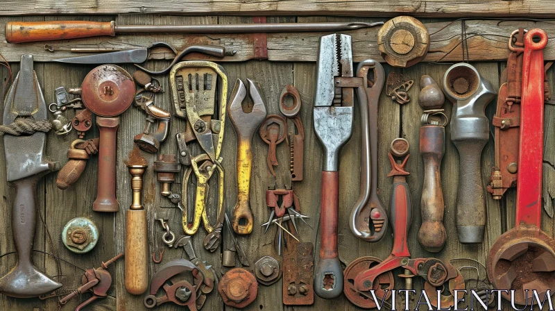Old Rusty Tools on Wooden Background - Industrial Art AI Image