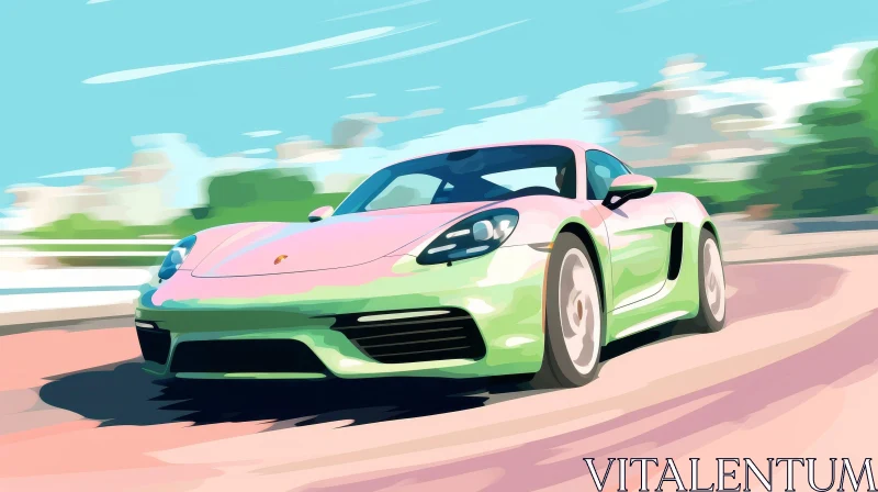 AI ART Pink and Green Porsche 718 Cayman Driving on Winding Road