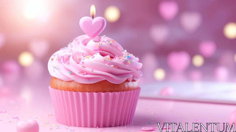AI ART Pink Cupcake with Heart-shaped Candle