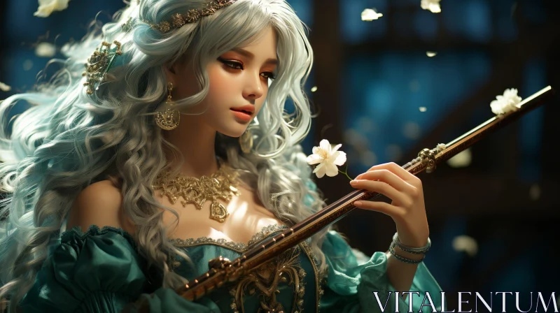 Romantic Young Woman Portrait with Flute AI Image