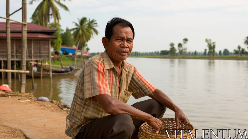 Serene Portrait of an Elderly Asian Man by the River AI Image