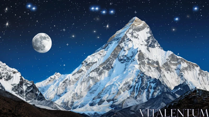 Snow-Capped Mountain Night Landscape Photo AI Image