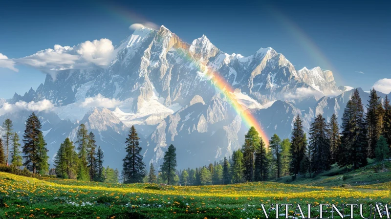 Snow-Covered Mountain Range with Rainbow - Serene Landscape AI Image