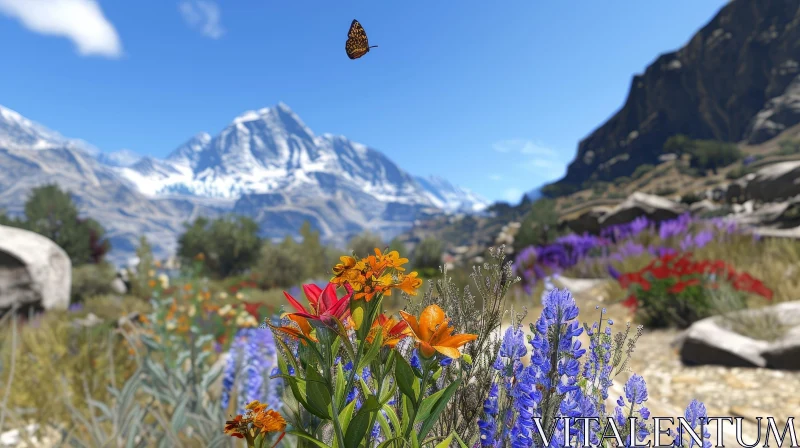 Snowy Mountain Landscape with Colorful Flowers and Butterfly AI Image
