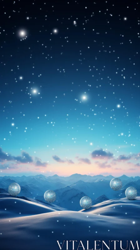 Snowy Night Landscape with Luminous Spheres and Star-studded Sky AI Image