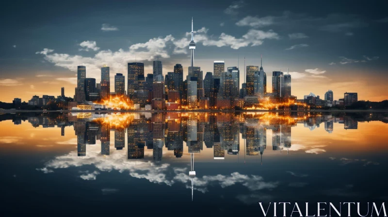 Toronto Skyline Night Reflection on Lake Ontario AI Image