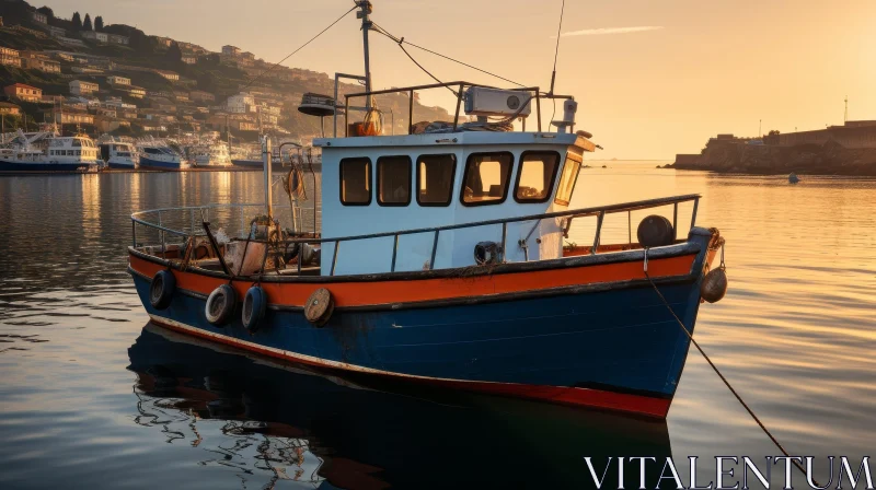 Tranquil Fishing Boat at Sunrise in Harbor AI Image