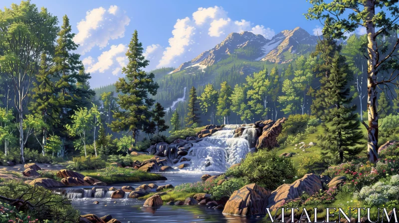 Tranquil Waterfall Landscape with Mountain View AI Image