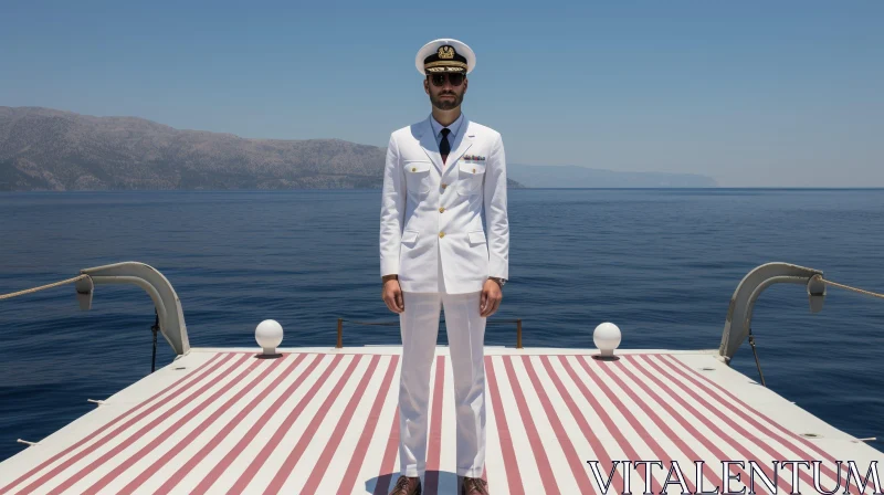 White Naval Uniform Man on Boat at Sea with Mountains AI Image