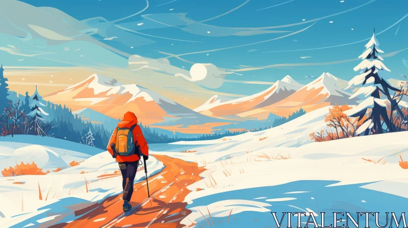 Winter Landscape with Snow-Capped Mountains and Hiker AI Image
