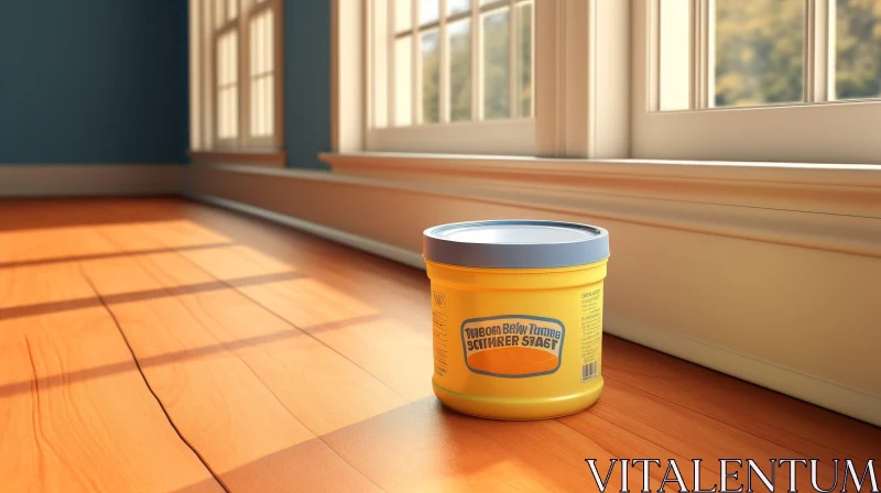 Yellow Paint Can with German Label on Wooden Floor AI Image
