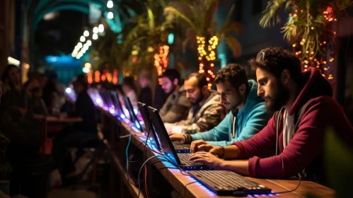 Young Men Working on Laptops in Dimly Lit Room