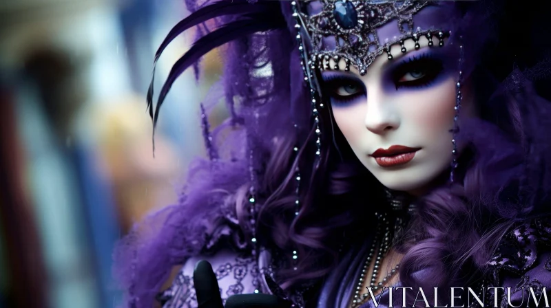 Young Woman in Purple Venetian Carnival Mask AI Image