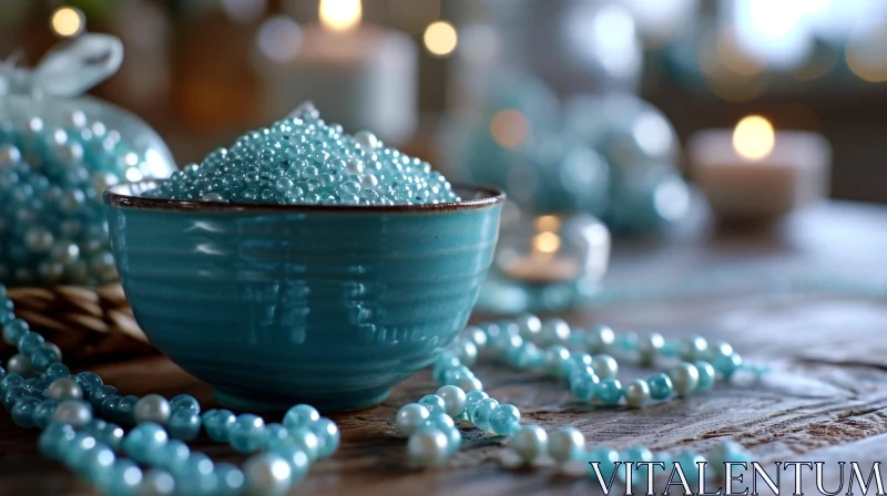 Blue Bowl Filled with Beads on Wooden Table - Stock Photo